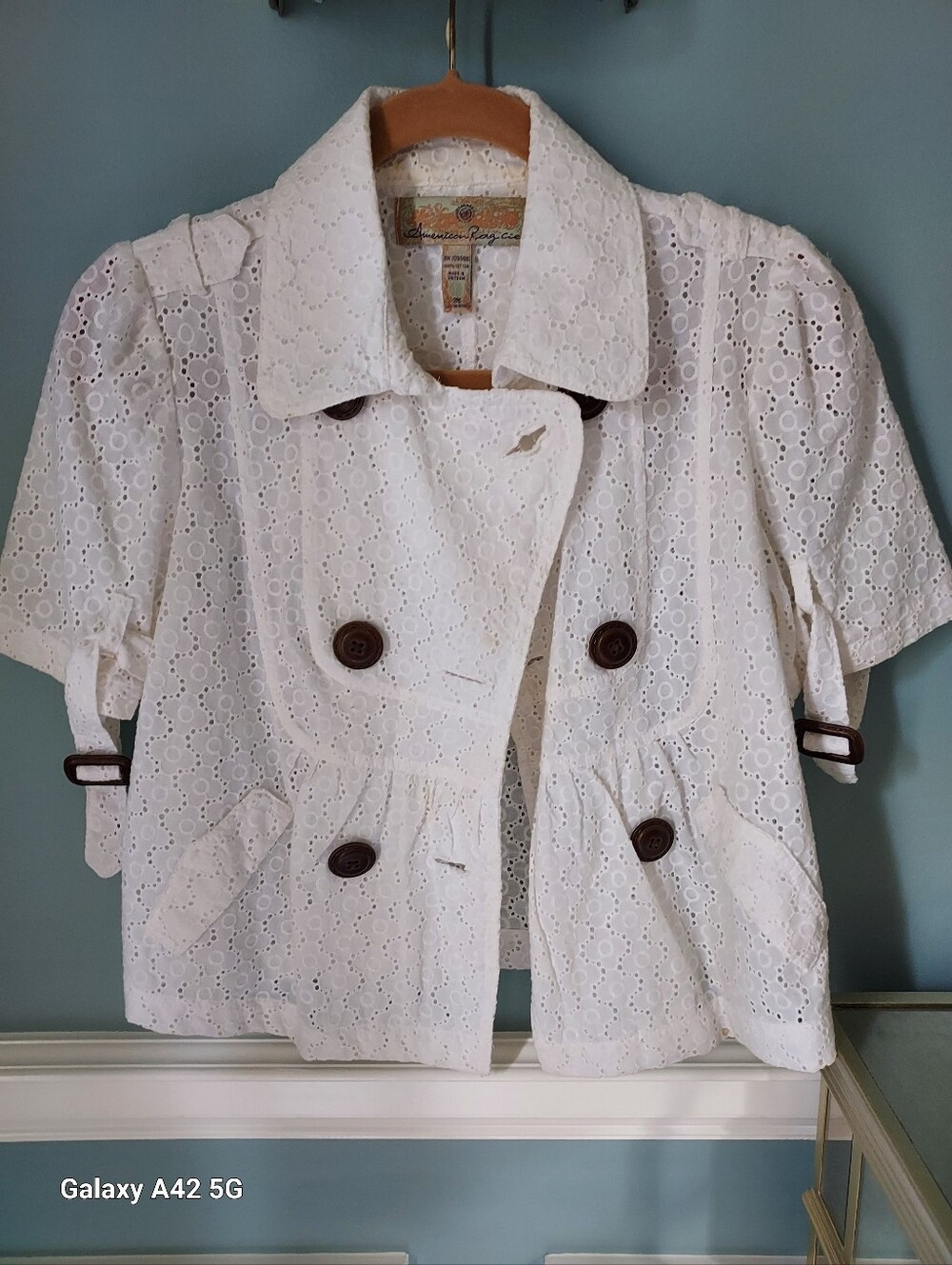 American Age White Eyelet Double-Breasted Short Sleeve Jacket